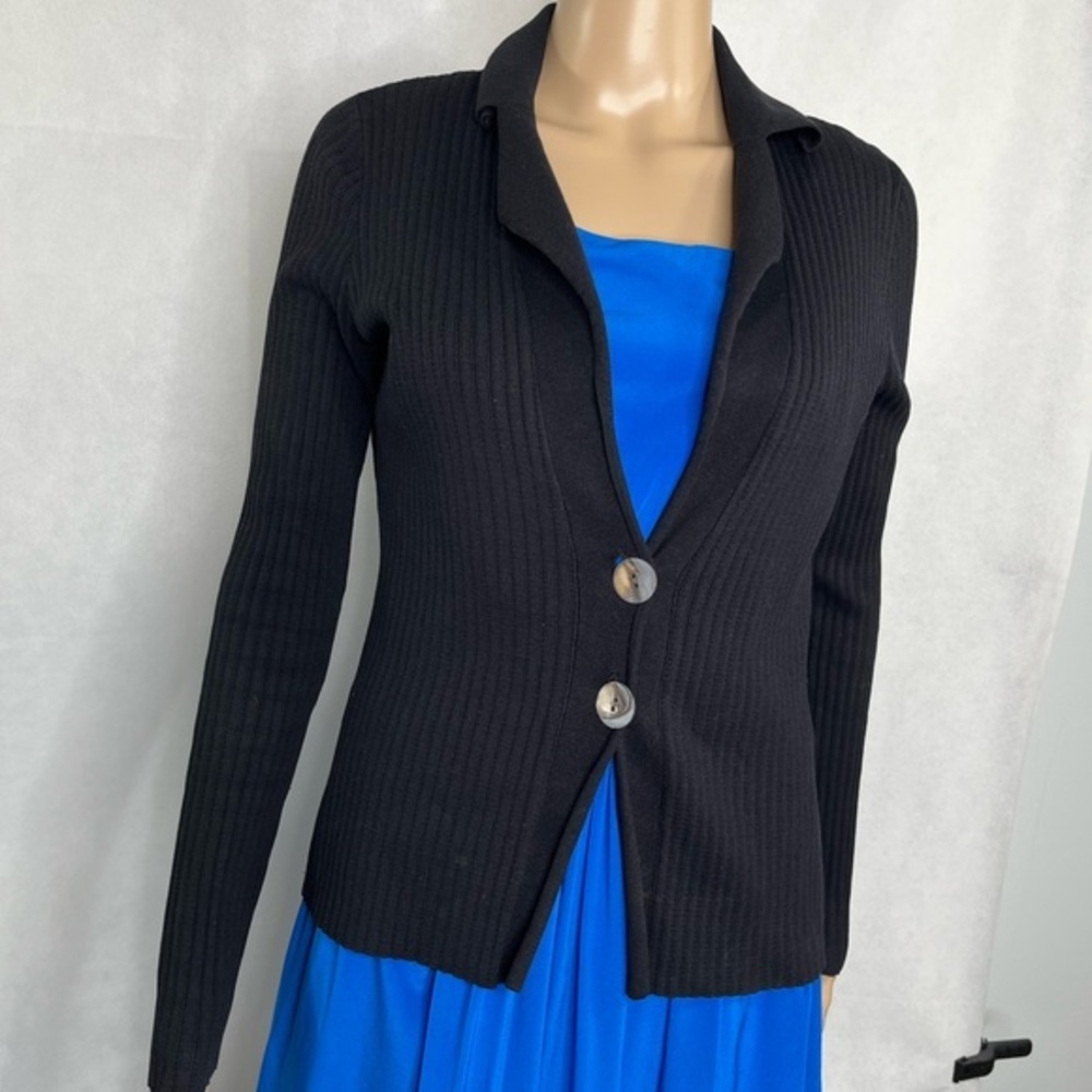 White + Warren Silk Black Ribbed Cardigan, excellent condition, clueless preppy